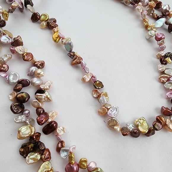 Long Strand Golden green Pink Keshi Pearl Necklace Artisan Genuine 34" Triple - Picture 4 of 11